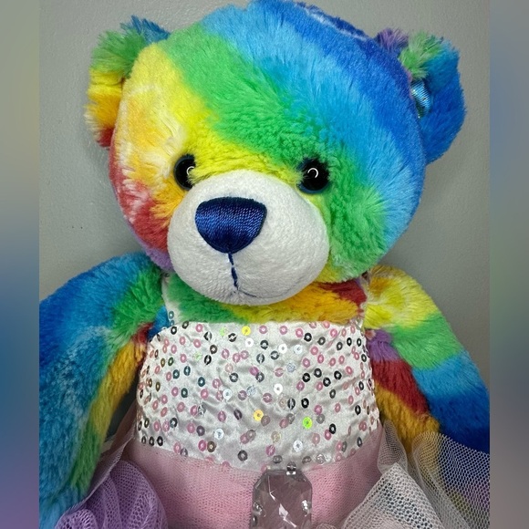 Build A Bear Neon Rainbow Tie Dye‎ Peace Signs Bear Pink Tutu Stuffed Plush Toy - Picture 5 of 7